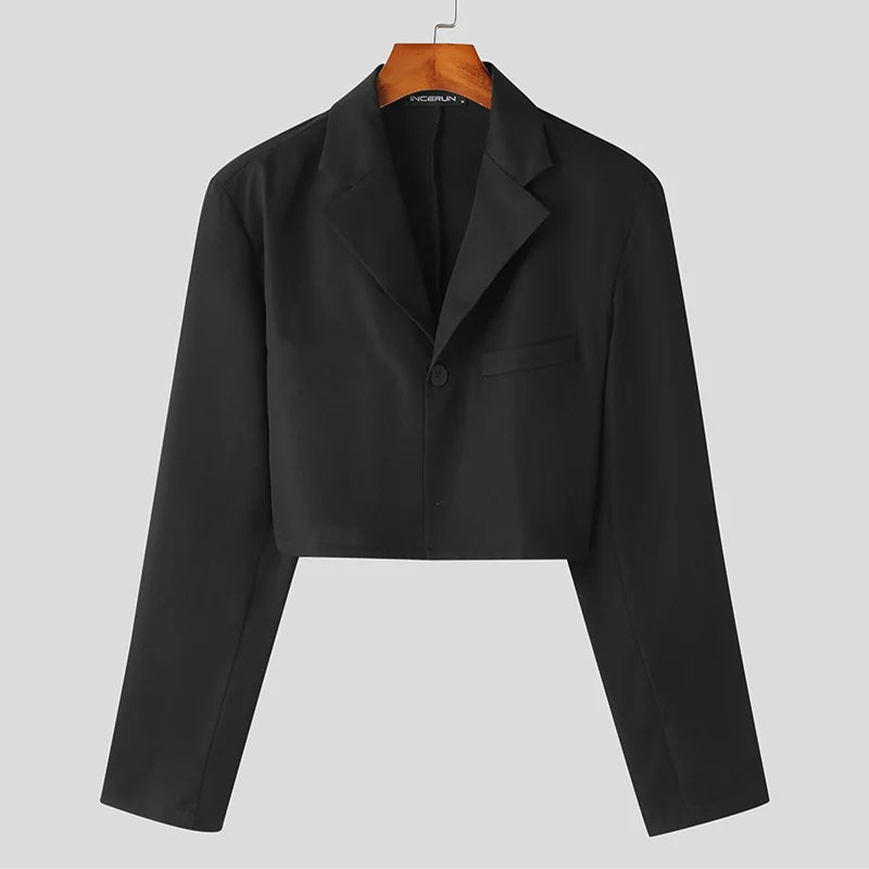 Men Blazer Solid Color Lapel Long Sleeve One Button Autumn Casual Suits Streetwear 2023 Fashion Male Crop Coats S-5XL