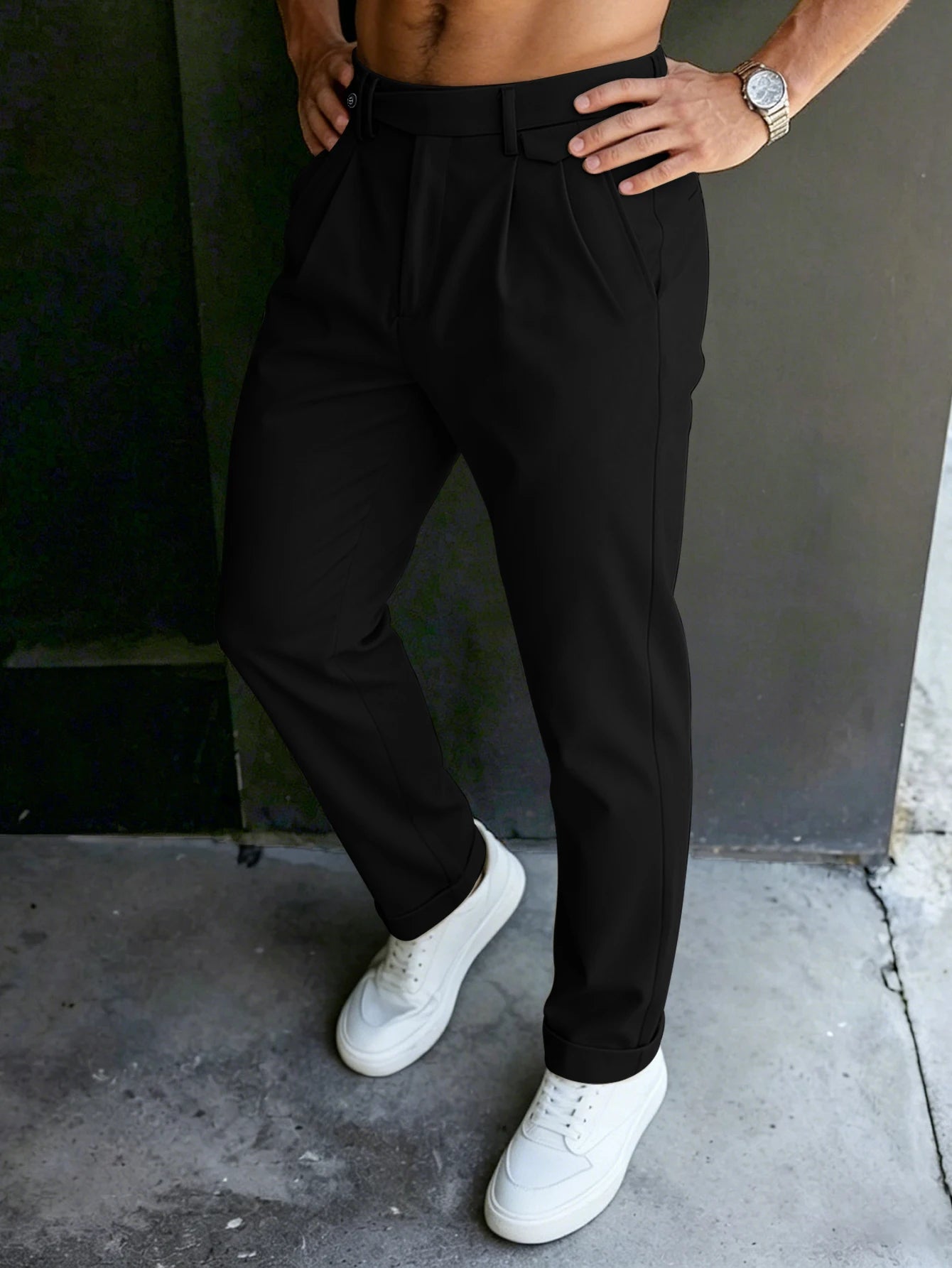 Men'S Gurkha High Waist Pleated Cuffed Tapered Cropped Dress Pants 100% Polyester Business Casual Black Beige Trousers