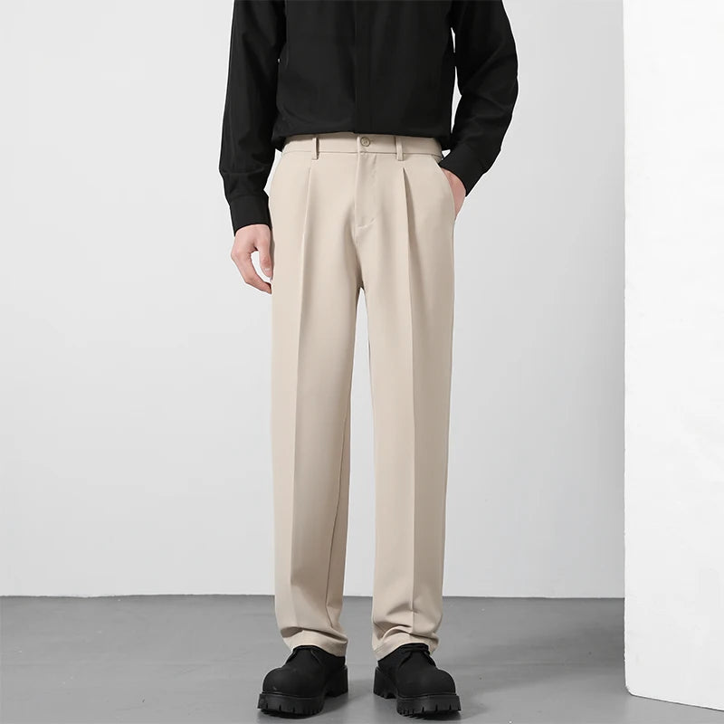 Spring and Summer Men'S Loose Suit Pants Korean Style Straight Solid Color Drape Elastic Business Office Casual Trousers Brown