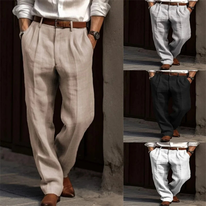 Vintage Solid Color Loose Linen Trousers for Mens Spring Summer New Casual Straight Pants Men Fashion Pleated Breathable Pants