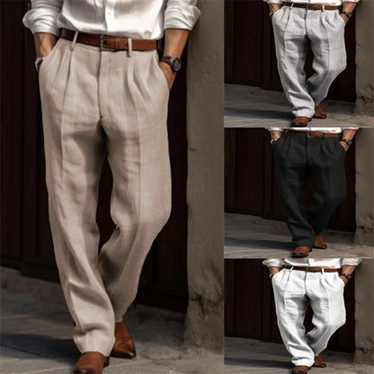 Vintage Solid Color Loose Linen Trousers for Mens Spring Summer New Casual Straight Pants Men Fashion Pleated Breathable Pants