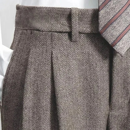 Italian Vintage Suit Pant for Men Autumn Winter Wool Herringbone Pattern Straight Trousers British Style Business Casual Pants