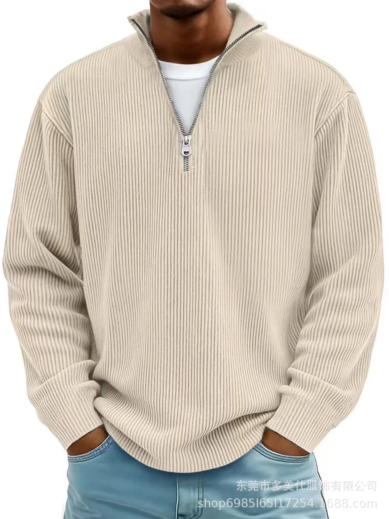 Men'S Quarter Zip Corduroy Polo Shirt Long Sleeve Casual Stand Collar Pullover for Daily Wear Streetwear