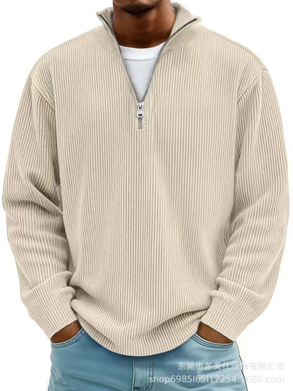 Men'S Quarter Zip Corduroy Polo Shirt Long Sleeve Casual Stand Collar Pullover for Daily Wear Streetwear