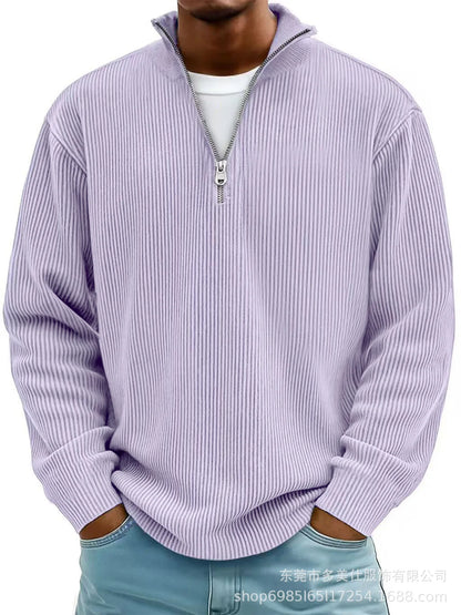 Men'S Quarter Zip Corduroy Polo Shirt Long Sleeve Casual Stand Collar Pullover for Daily Wear Streetwear