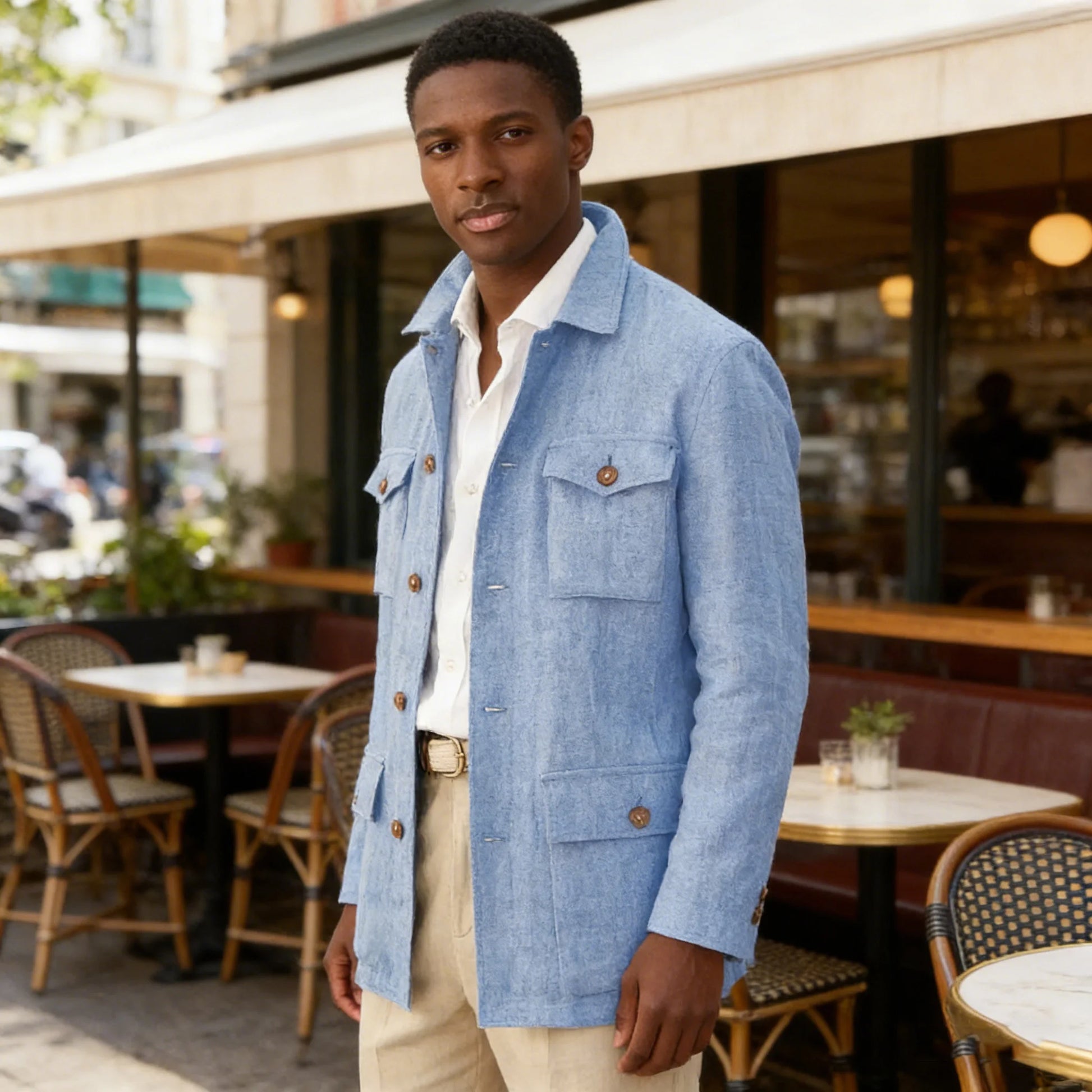 Men'S Cotton Linen Safari Jacket Lapel Multiple Pockets Casual Breathable Lightweight Vintage Beach Wedding Summer Blazer