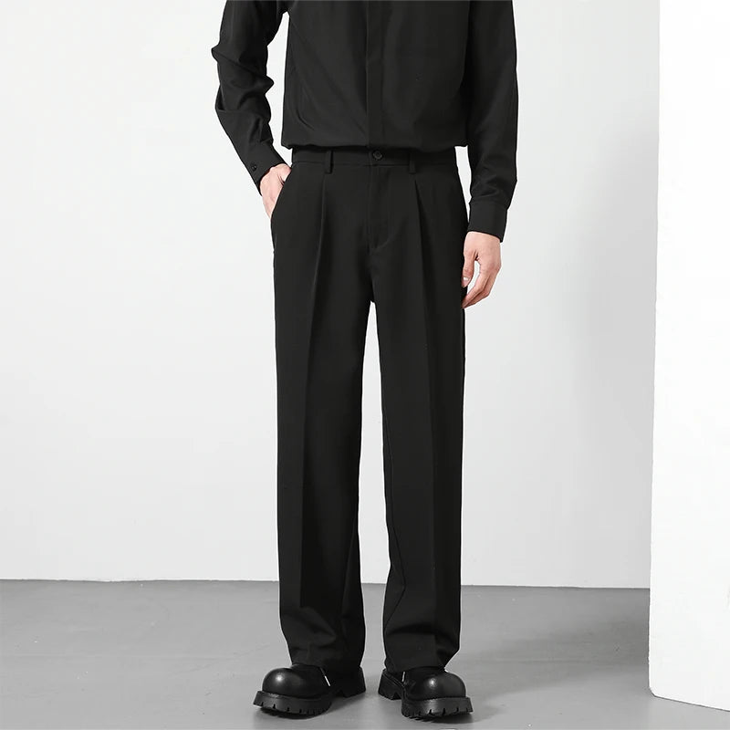 Spring and Summer Men'S Loose Suit Pants Korean Style Straight Solid Color Drape Elastic Business Office Casual Trousers Brown