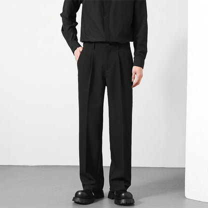 Spring and Summer Men'S Loose Suit Pants Korean Style Straight Solid Color Drape Elastic Business Office Casual Trousers Brown