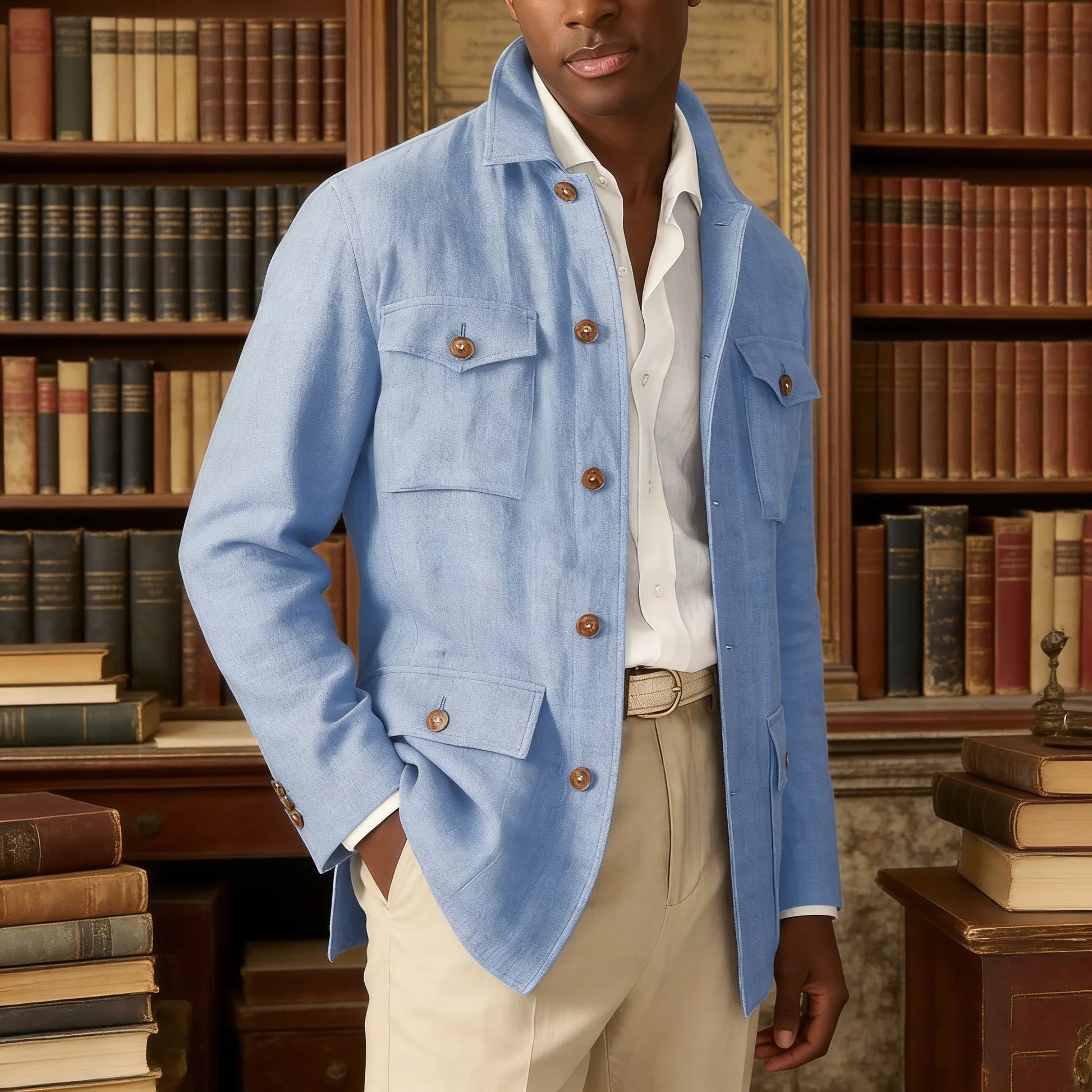 Men'S Cotton Linen Safari Jacket Lapel Multiple Pockets Casual Breathable Lightweight Vintage Beach Wedding Summer Blazer