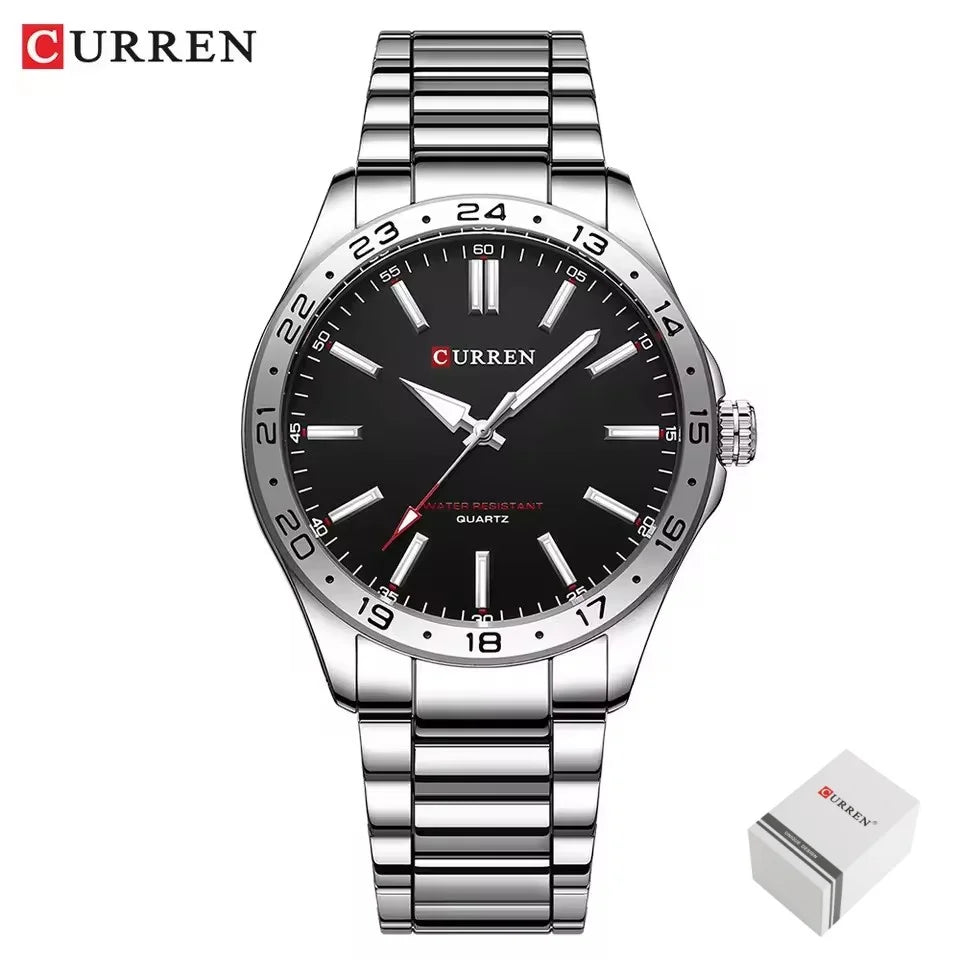 8452 Men Quartz Watch Simple Fashion Leisure Business Clock Black Silvery Stainless Steel Strap Wristwatch for Male
