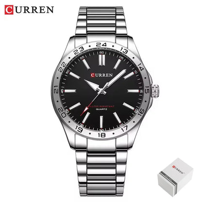 8452 Men Quartz Watch Simple Fashion Leisure Business Clock Black Silvery Stainless Steel Strap Wristwatch for Male
