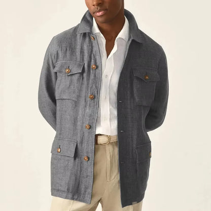 Men'S Cotton Linen Safari Jacket Lapel Multiple Pockets Casual Breathable Lightweight Vintage Beach Wedding Summer Blazer