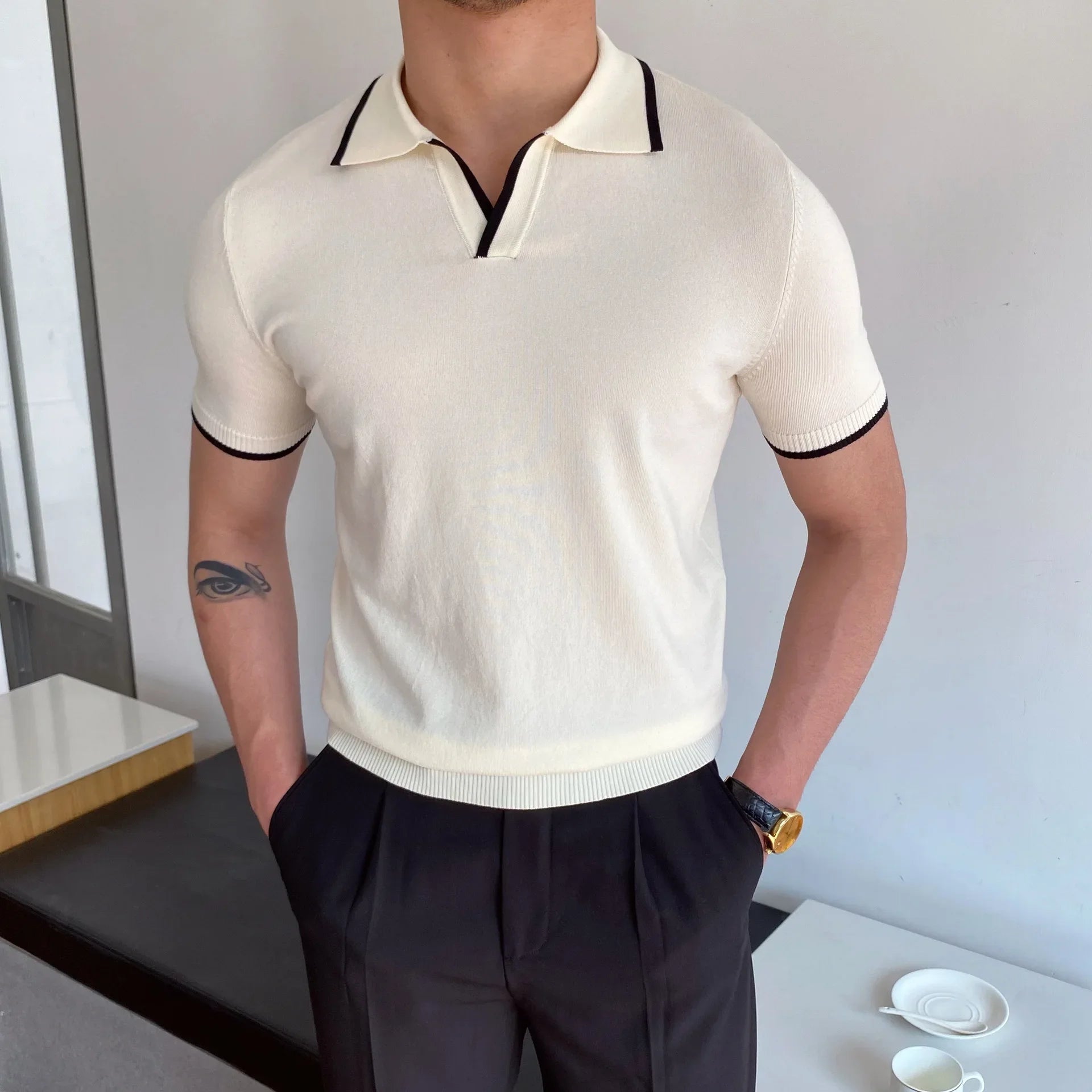 Men'S Polo Shirt Elbow-Sleeved T-Shirt Fashion Polo Collar Slim-Fit Men Clothing Woolen Sports Polo Tee Shirt Man Golf Shirt EUR