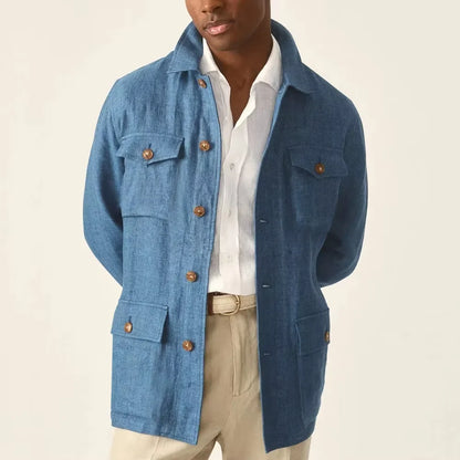 Men'S Cotton Linen Safari Jacket Lapel Multiple Pockets Casual Breathable Lightweight Vintage Beach Wedding Summer Blazer