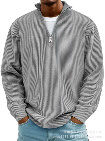 Men'S Quarter Zip Corduroy Polo Shirt Long Sleeve Casual Stand Collar Pullover for Daily Wear Streetwear