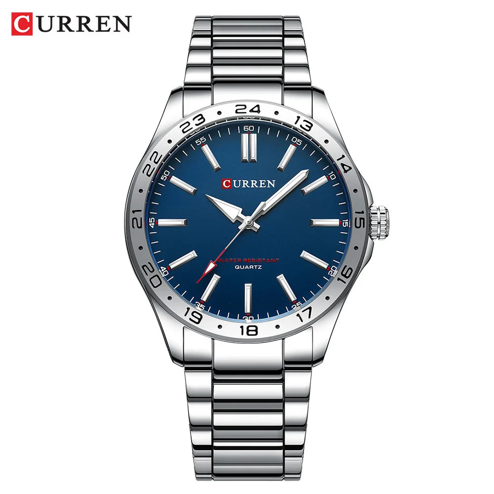 8452 Men Quartz Watch Simple Fashion Leisure Business Clock Black Silvery Stainless Steel Strap Wristwatch for Male