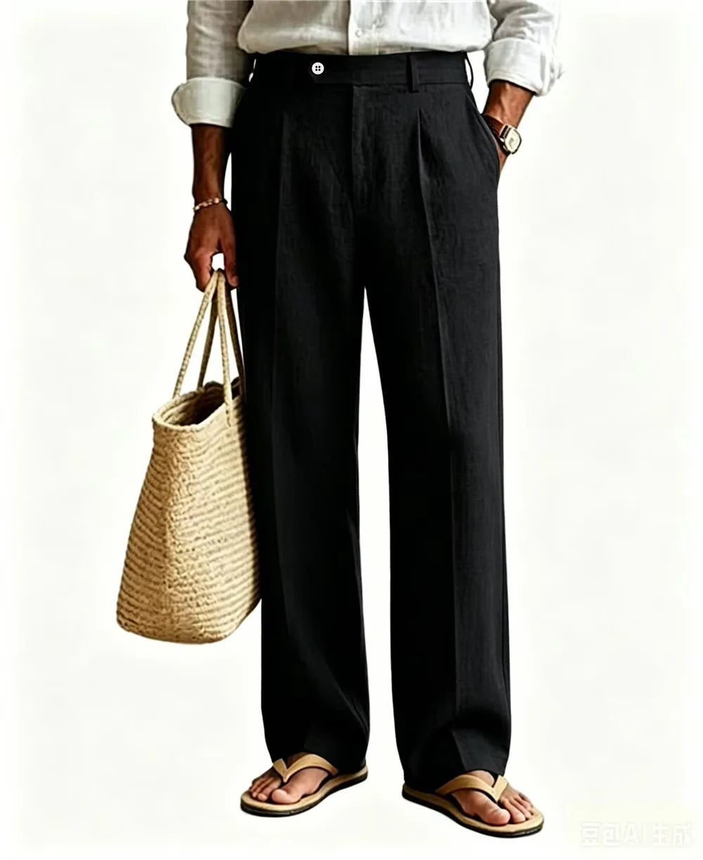Men'S Linen Beige Pants Straight Leg Trousers High Waist Pleated Lightweight Breathable Cool Summer Casual for Beach Vacation
