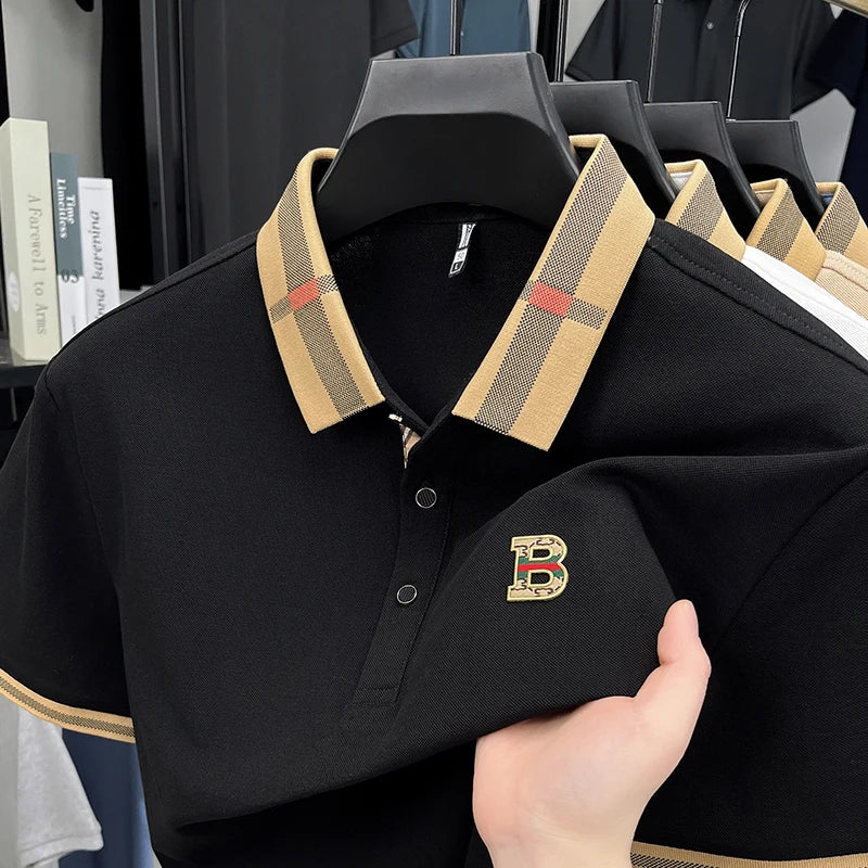 High End British Style Men Polo Shirt Classic Check Collar B Logo Embroidery Breathable Pique Cotton Short Sleeve Business Tops