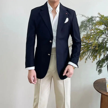 Men'S Double Breasted Blazer Peak Lapel Gold Button Slim Fit Suit Jacket Wrinkle Resistant Business Wedding Formal Sport Coat