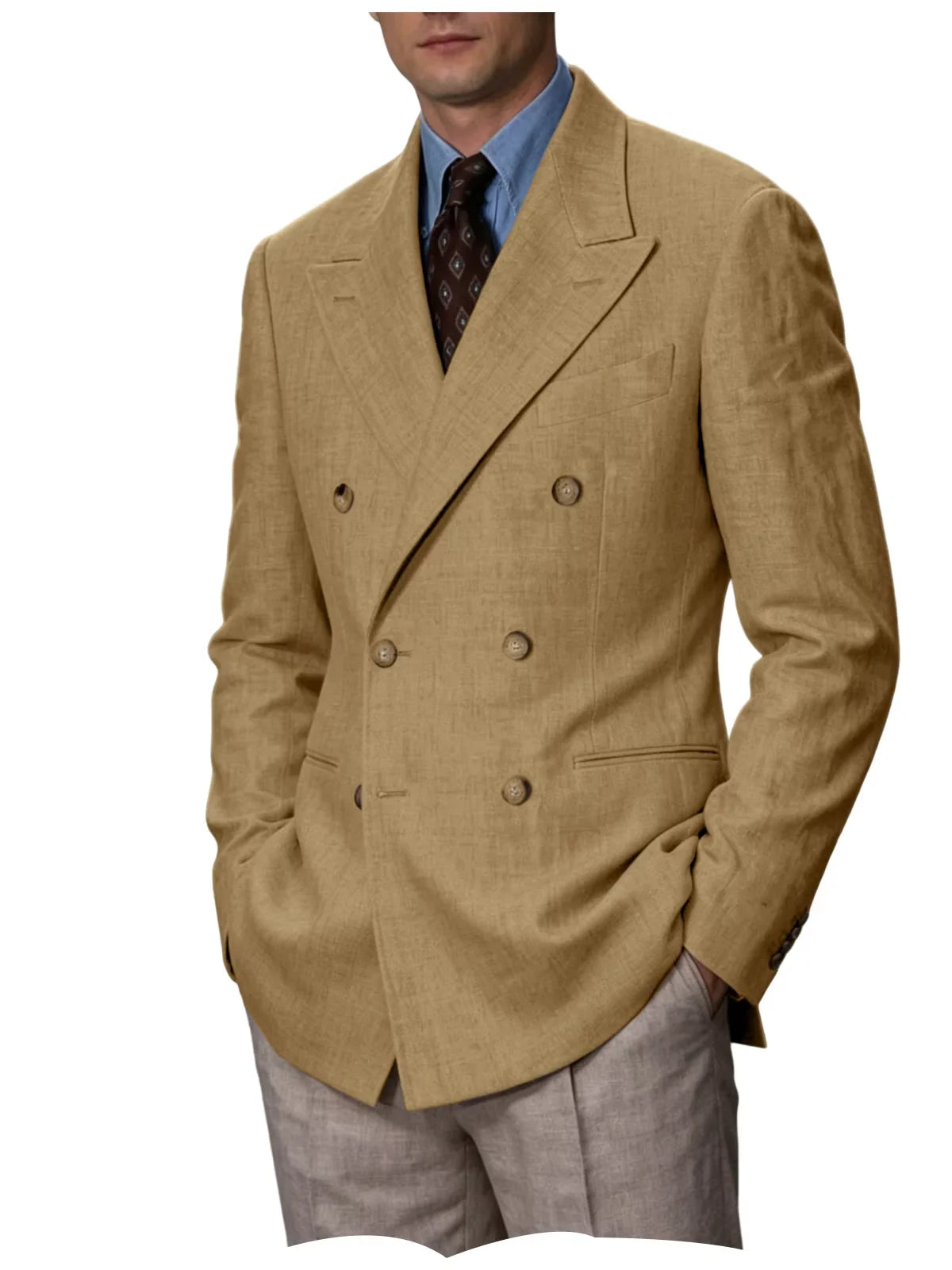 Men'S Cotton Linen Blend Blazer Double Breasted Lightweight Breathable Wrinkle Resistant Jacket Casual Sport Coat for Beach