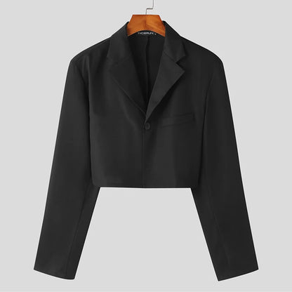 Men Blazer Solid Color Lapel Long Sleeve One Button Autumn Casual Suits Streetwear 2023 Fashion Male Crop Coats S-5XL