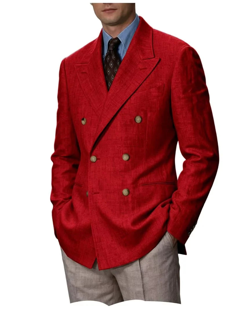 Men'S Cotton Linen Blend Blazer Double Breasted Lightweight Breathable Wrinkle Resistant Jacket Casual Sport Coat for Beach