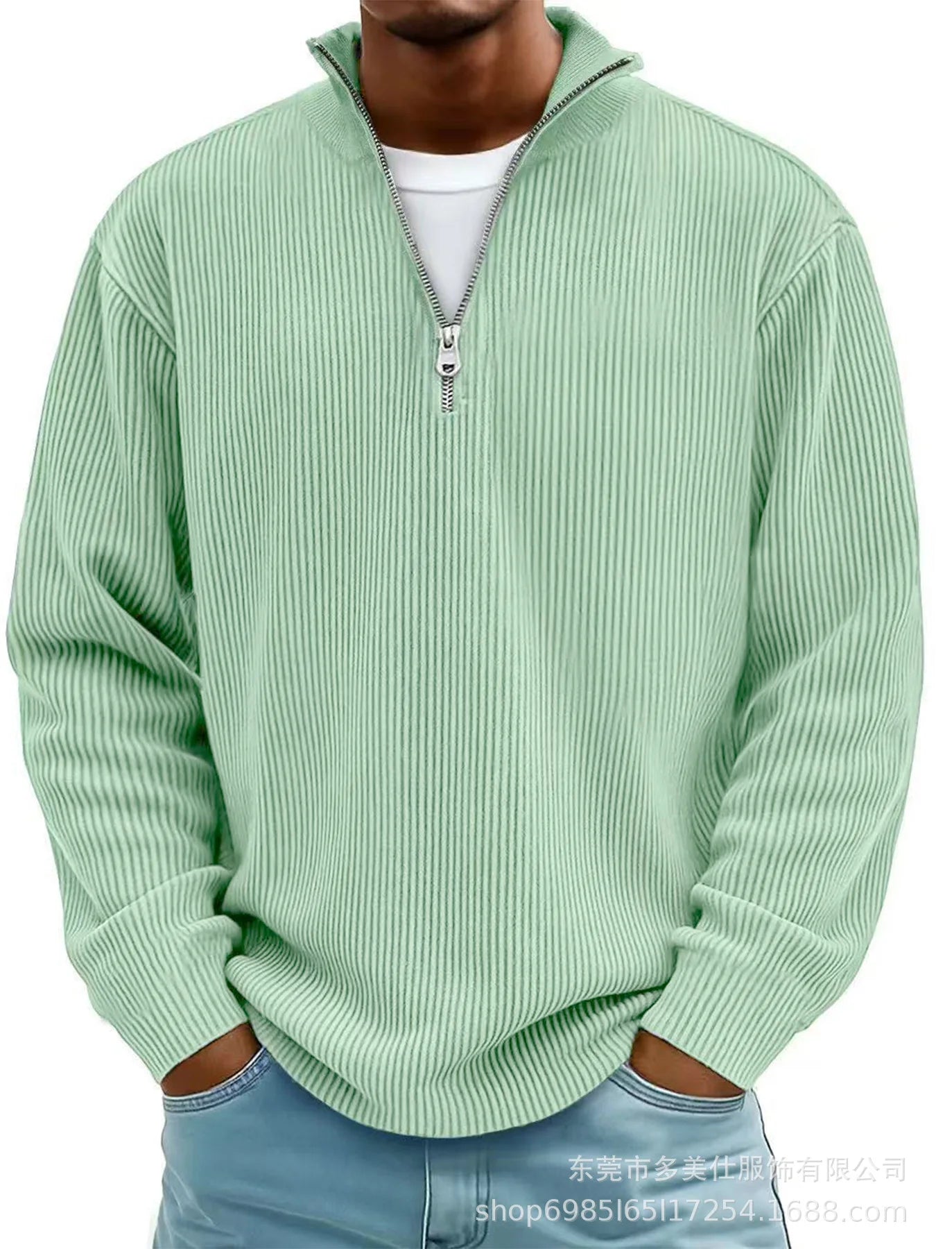 Men'S Quarter Zip Corduroy Polo Shirt Long Sleeve Casual Stand Collar Pullover for Daily Wear Streetwear
