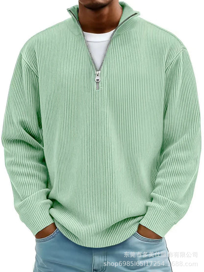 Men'S Quarter Zip Corduroy Polo Shirt Long Sleeve Casual Stand Collar Pullover for Daily Wear Streetwear
