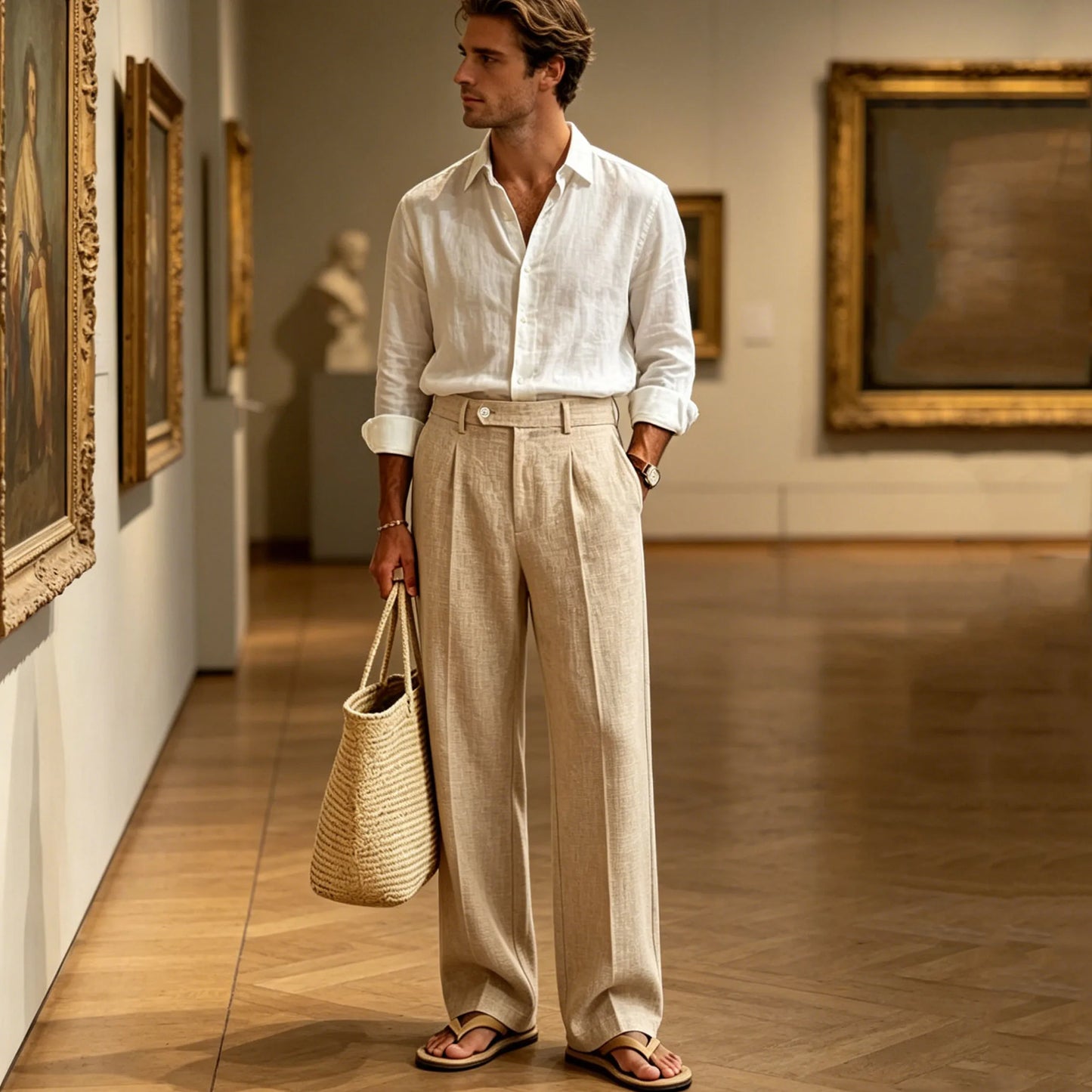 Men'S Linen Beige Pants Straight Leg Trousers High Waist Pleated Lightweight Breathable Cool Summer Casual for Beach Vacation