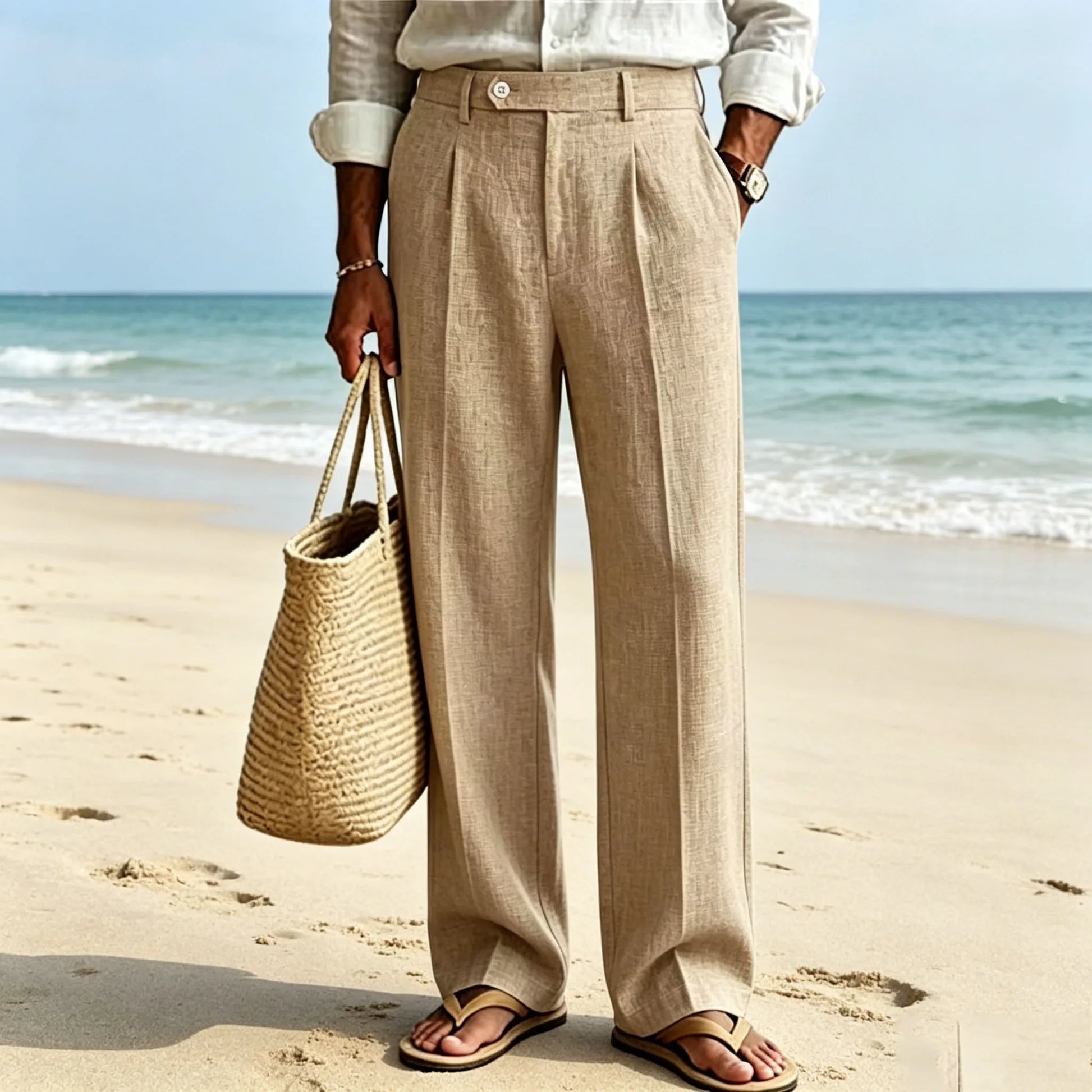 Men'S Linen Beige Pants Straight Leg Trousers High Waist Pleated Lightweight Breathable Cool Summer Casual for Beach Vacation