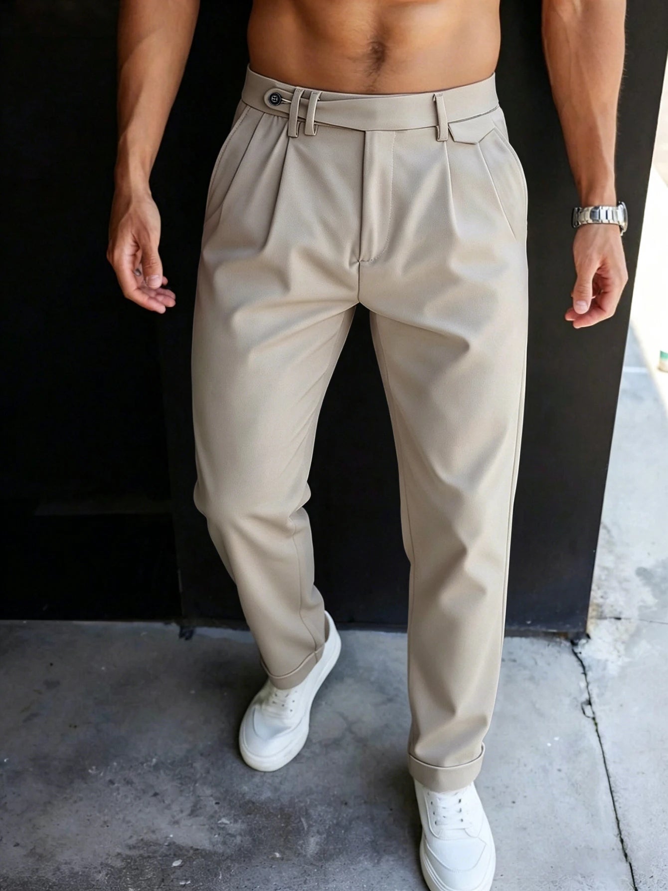 Men'S Gurkha High Waist Pleated Cuffed Tapered Cropped Dress Pants 100% Polyester Business Casual Black Beige Trousers