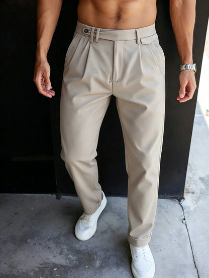Men'S Gurkha High Waist Pleated Cuffed Tapered Cropped Dress Pants 100% Polyester Business Casual Black Beige Trousers