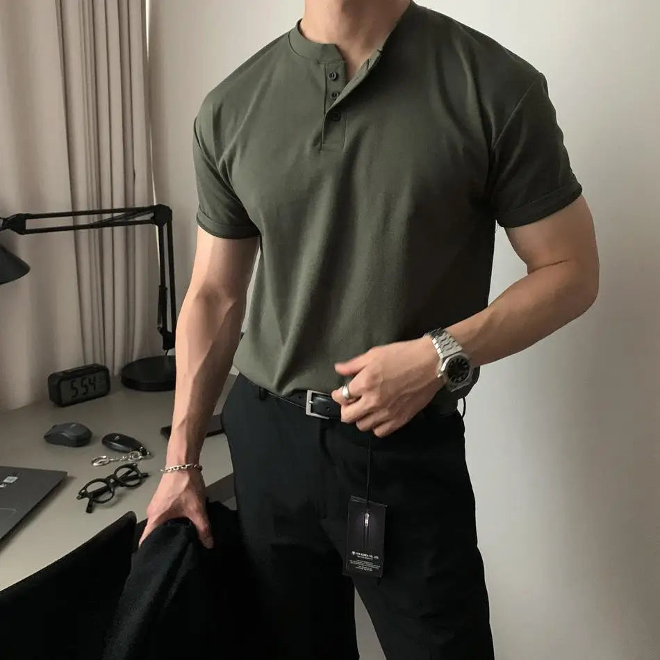 Summer Men‘S Short Sleeve Henley Neck T Shirts American Retro Casual Beach T-Shirts Loose High-Quality Fitness Sports Shirt Tops