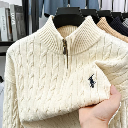 Heshi Brand Fashion American 2025 Vintage Stand Collar Zipper Embroidery Sweater Fried Dough Twists 3D Autumn Winter Knitwear