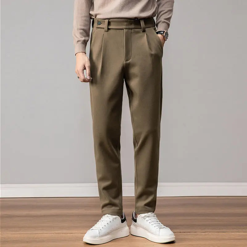 Brown Heavy Duty Woolen Straight Casual Brushed Pants Men High Quality Korean Business Work Trousers
