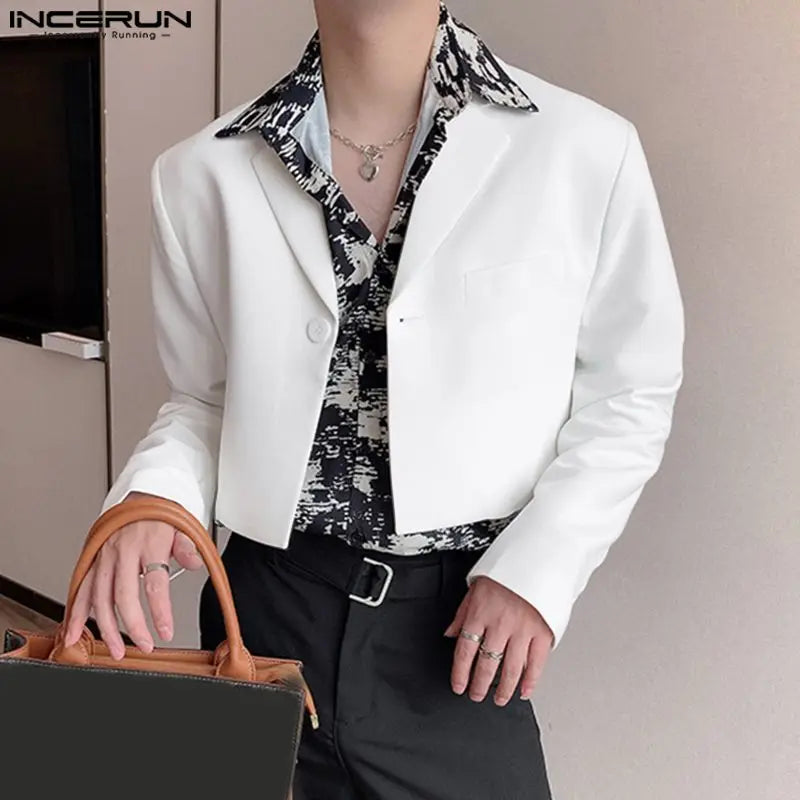 Men Blazer Solid Color Lapel Long Sleeve One Button Autumn Casual Suits Streetwear 2023 Fashion Male Crop Coats S-5XL