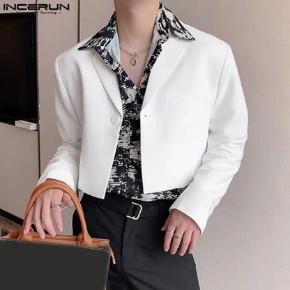 Men Blazer Solid Color Lapel Long Sleeve One Button Autumn Casual Suits Streetwear 2023 Fashion Male Crop Coats S-5XL