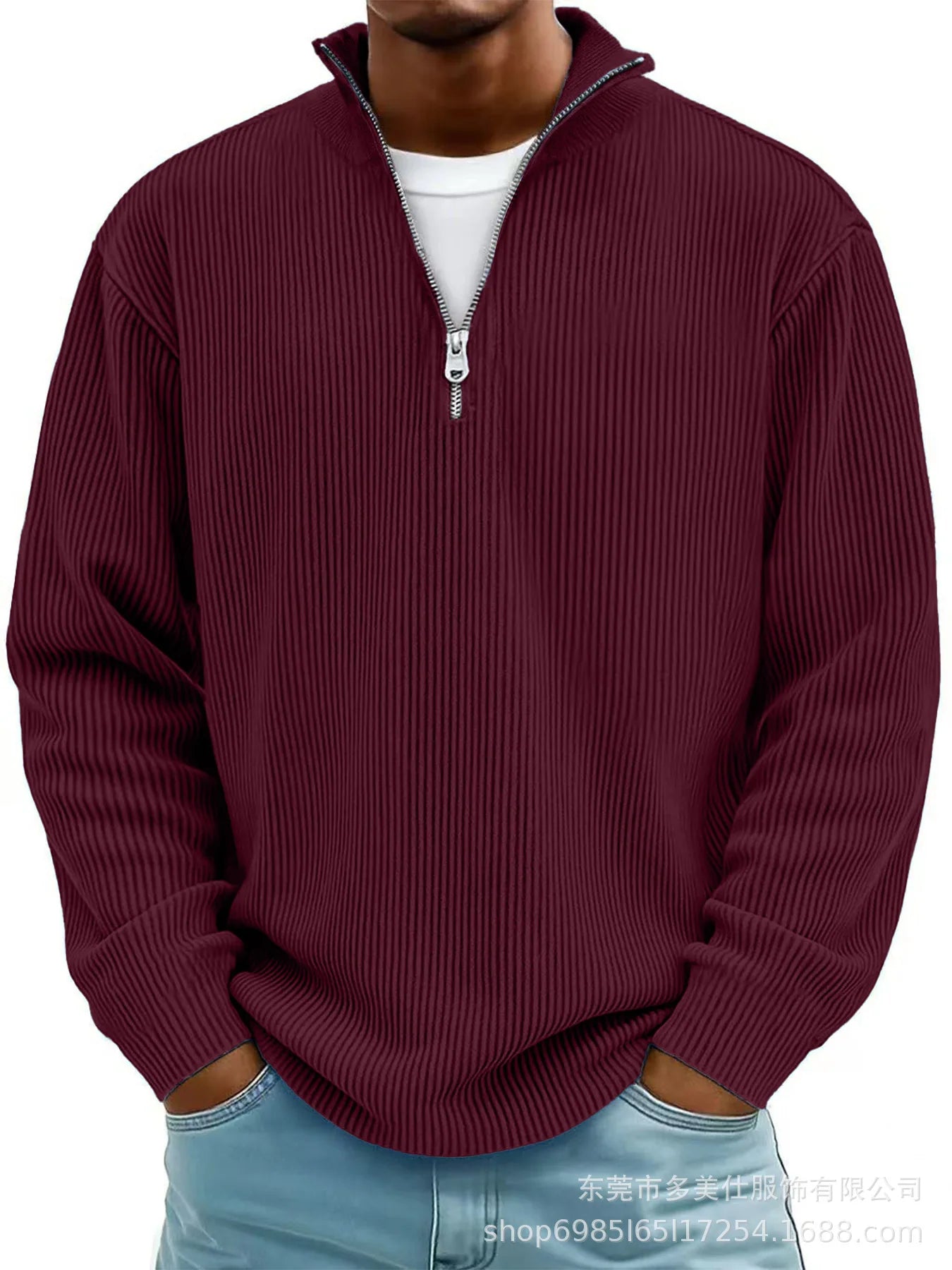 Men'S Quarter Zip Corduroy Polo Shirt Long Sleeve Casual Stand Collar Pullover for Daily Wear Streetwear