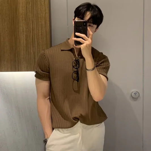 Summer New Men Knitted Shirts Short Sleeve Polo T-Shirts Tops Male Fashion Casual T Shirt Breathable Soild Polo Tee Man Clothing