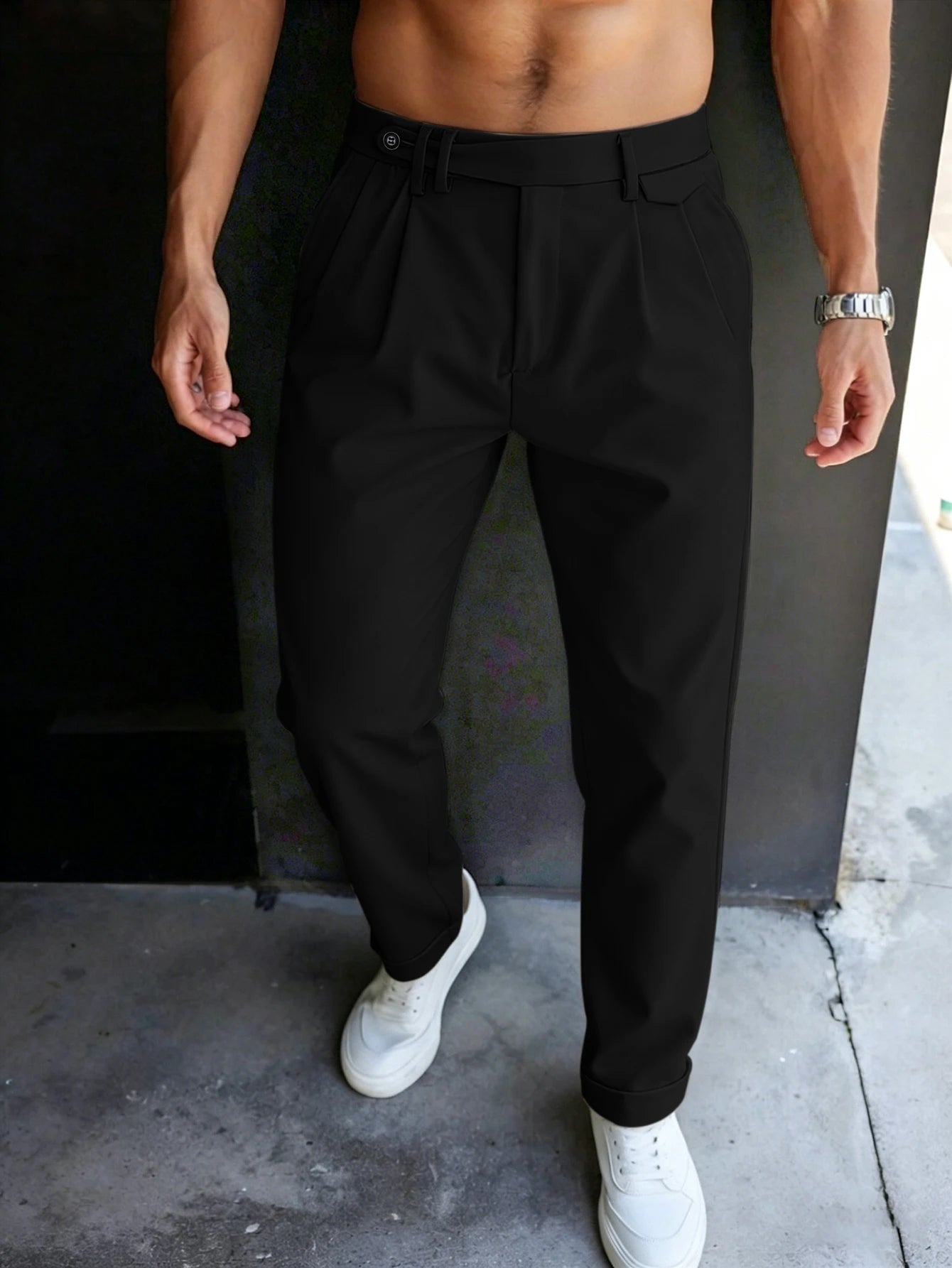 Men'S Gurkha High Waist Pleated Cuffed Tapered Cropped Dress Pants 100% Polyester Business Casual Black Beige Trousers