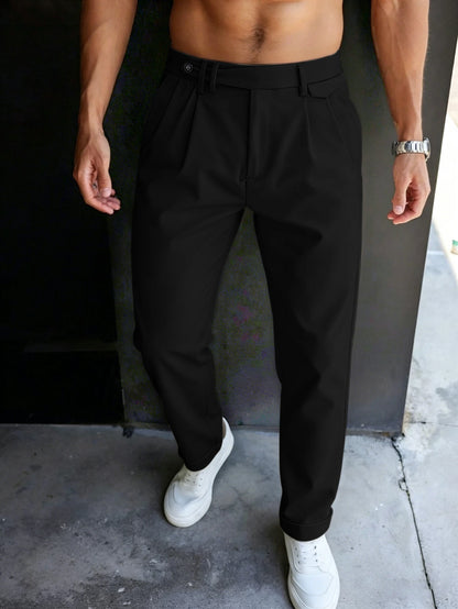 Men'S Gurkha High Waist Pleated Cuffed Tapered Cropped Dress Pants 100% Polyester Business Casual Black Beige Trousers