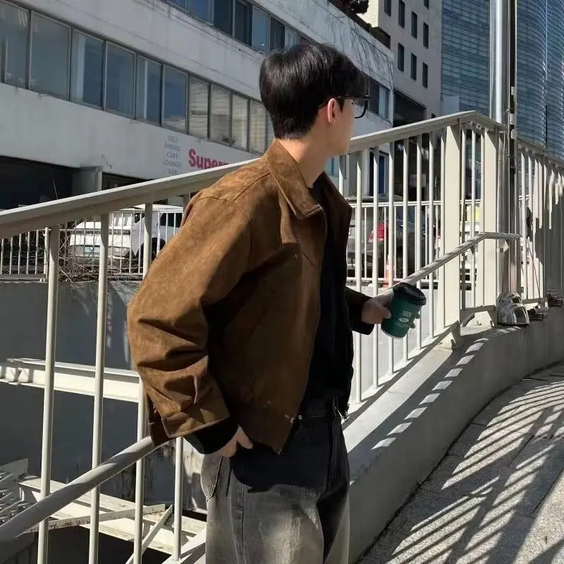 Men'S Suede Jackets Autumn Retro Bomber Casual Jacket Fashion Vintage Short Flying Slim Jacket High Street Outerwear Coat Male