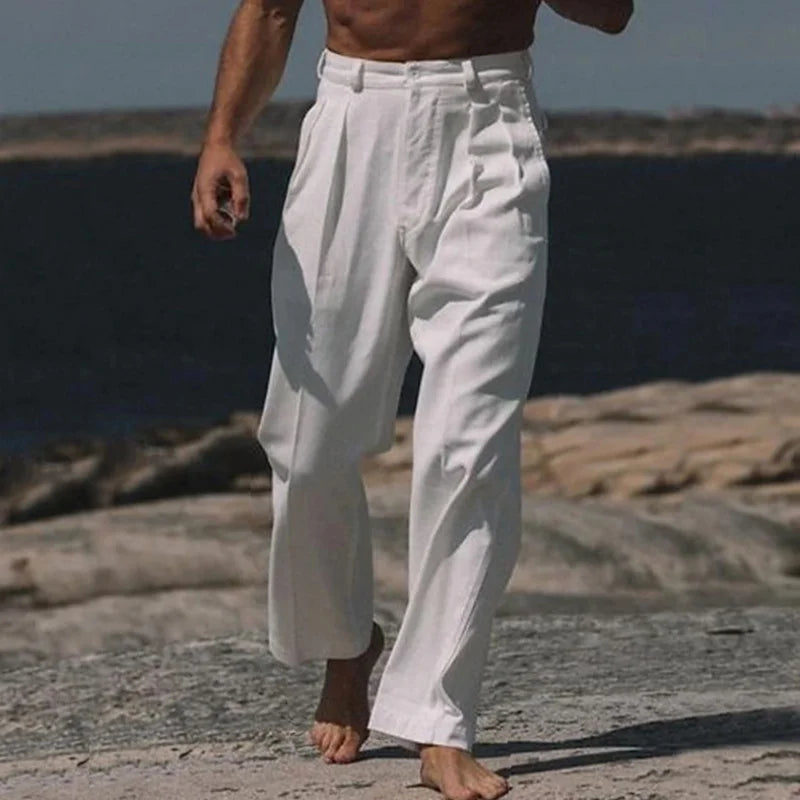Vintage Solid Color Loose Linen Trousers for Mens Spring Summer New Casual Straight Pants Men Fashion Pleated Breathable Pants