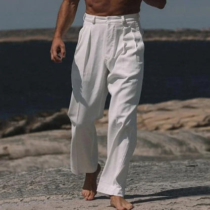 Vintage Solid Color Loose Linen Trousers for Mens Spring Summer New Casual Straight Pants Men Fashion Pleated Breathable Pants