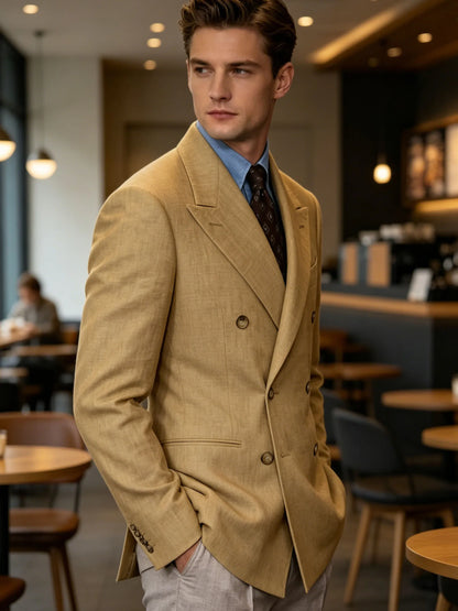 Men'S Cotton Linen Blend Blazer Double Breasted Lightweight Breathable Wrinkle Resistant Jacket Casual Sport Coat for Beach