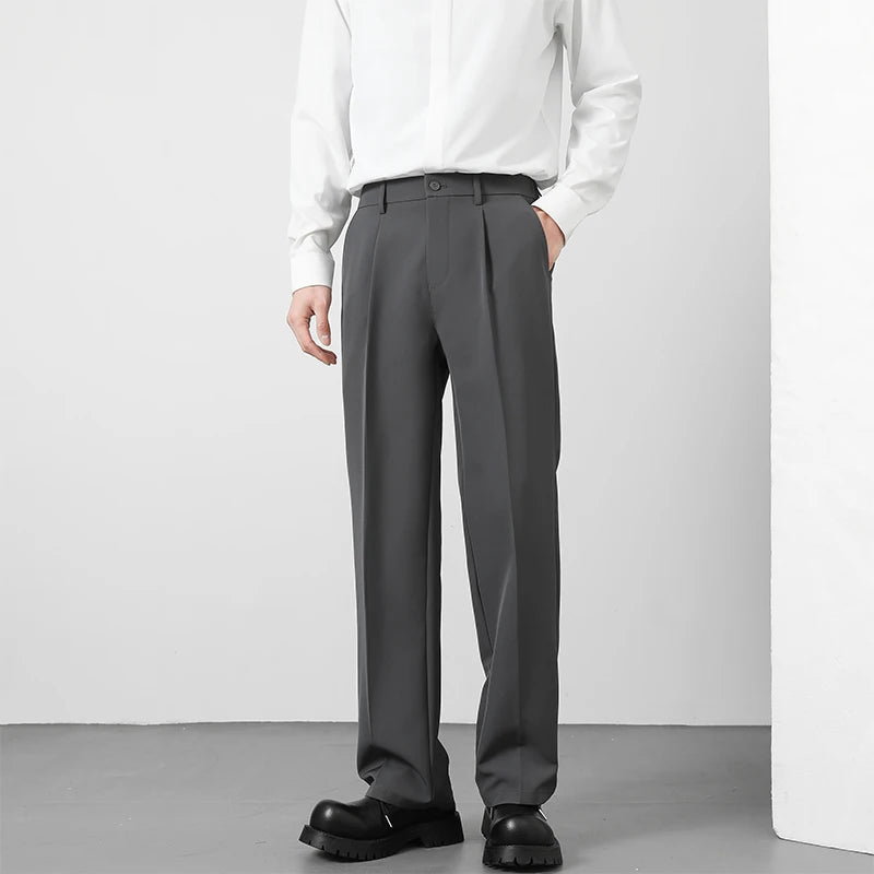 Spring and Summer Men'S Loose Suit Pants Korean Style Straight Solid Color Drape Elastic Business Office Casual Trousers Brown