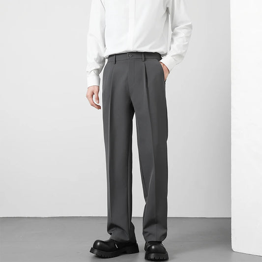 Spring and Summer Men'S Loose Suit Pants Korean Style Straight Solid Color Drape Elastic Business Office Casual Trousers Brown