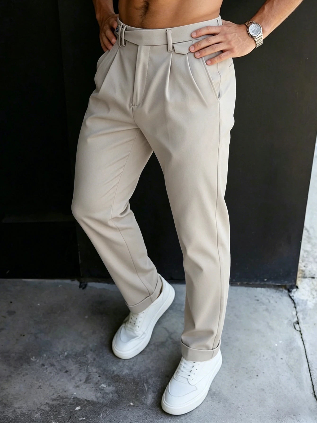 Men'S Gurkha High Waist Pleated Cuffed Tapered Cropped Dress Pants 100% Polyester Business Casual Black Beige Trousers