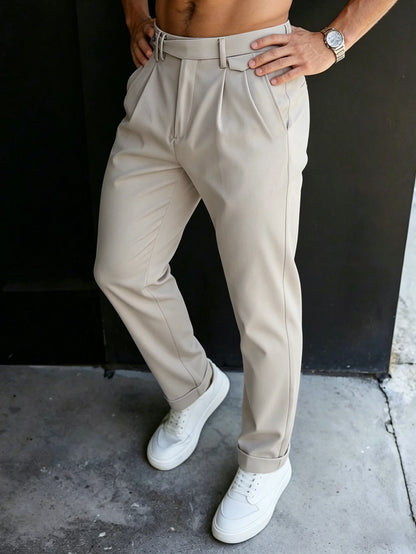 Men'S Gurkha High Waist Pleated Cuffed Tapered Cropped Dress Pants 100% Polyester Business Casual Black Beige Trousers