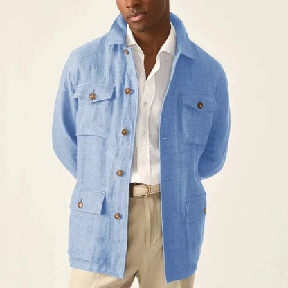 Men'S Cotton Linen Safari Jacket Lapel Multiple Pockets Casual Breathable Lightweight Vintage Beach Wedding Summer Blazer